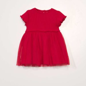 Robe en maille côtelée avec tulle Rouge