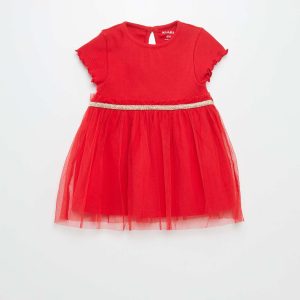 Robe en coton côtelé et tulle Rouge