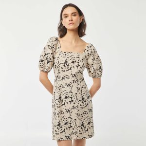 Robe courte évasée avec ouverture par un nœud au dos BEIGE