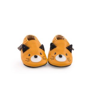 CHAUSSONS CUIR CHAT MOUTARDE  LES MOUSTACHES MOULIN ROTY