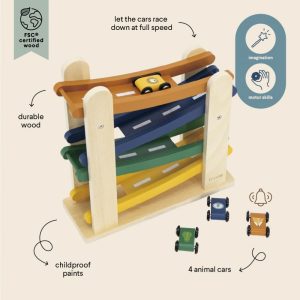 RAMPE DE COURSE EN BOIS AVEC 4 VOITURES – TRIXIE